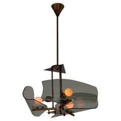 1950s Italian Brass Chandelier with Curved Smoked Glass Shades, 3-Light