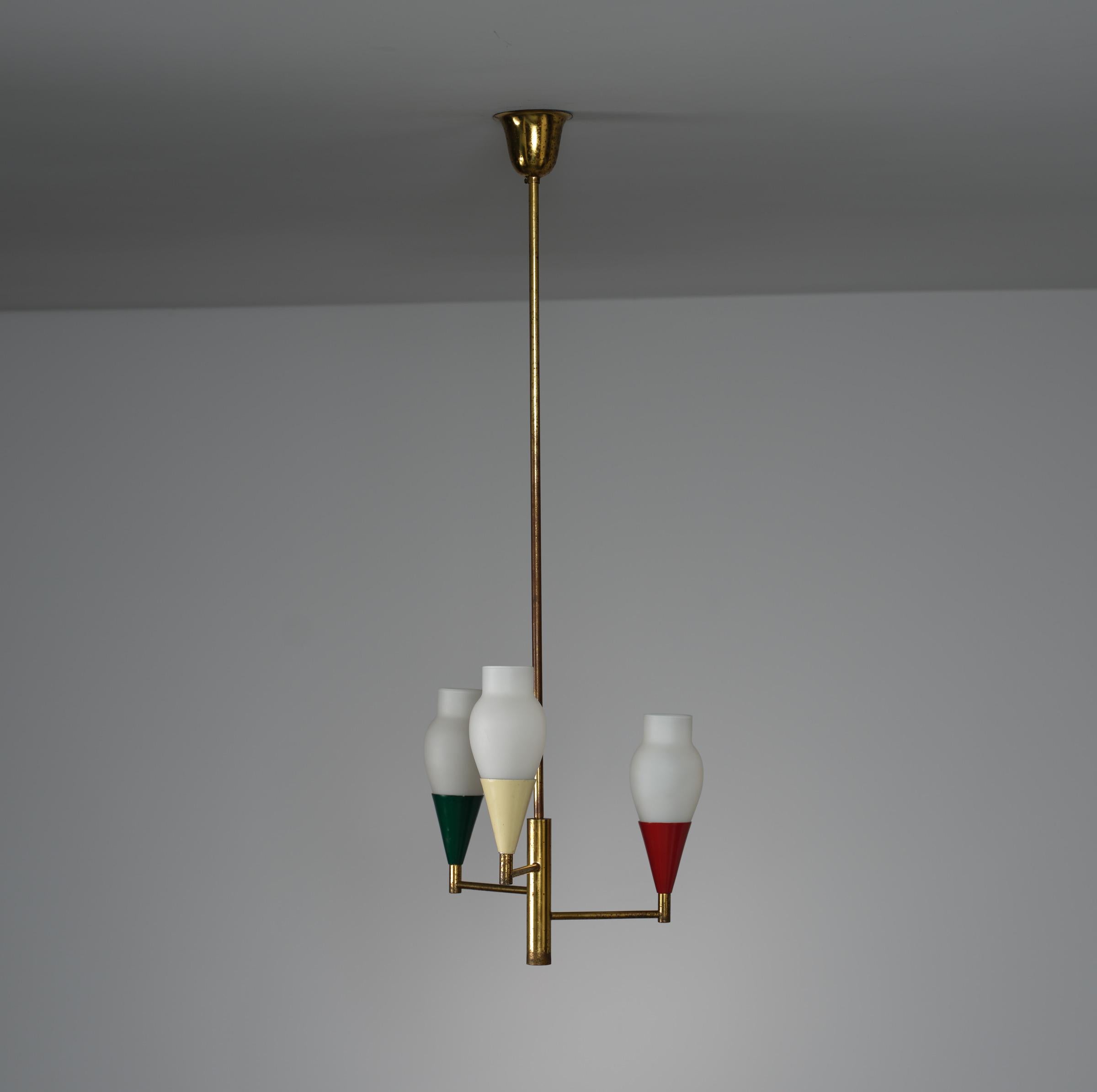 1950s Italian Brass Chandelier with Modern Design and Colorful Metal Accents For Sale 1