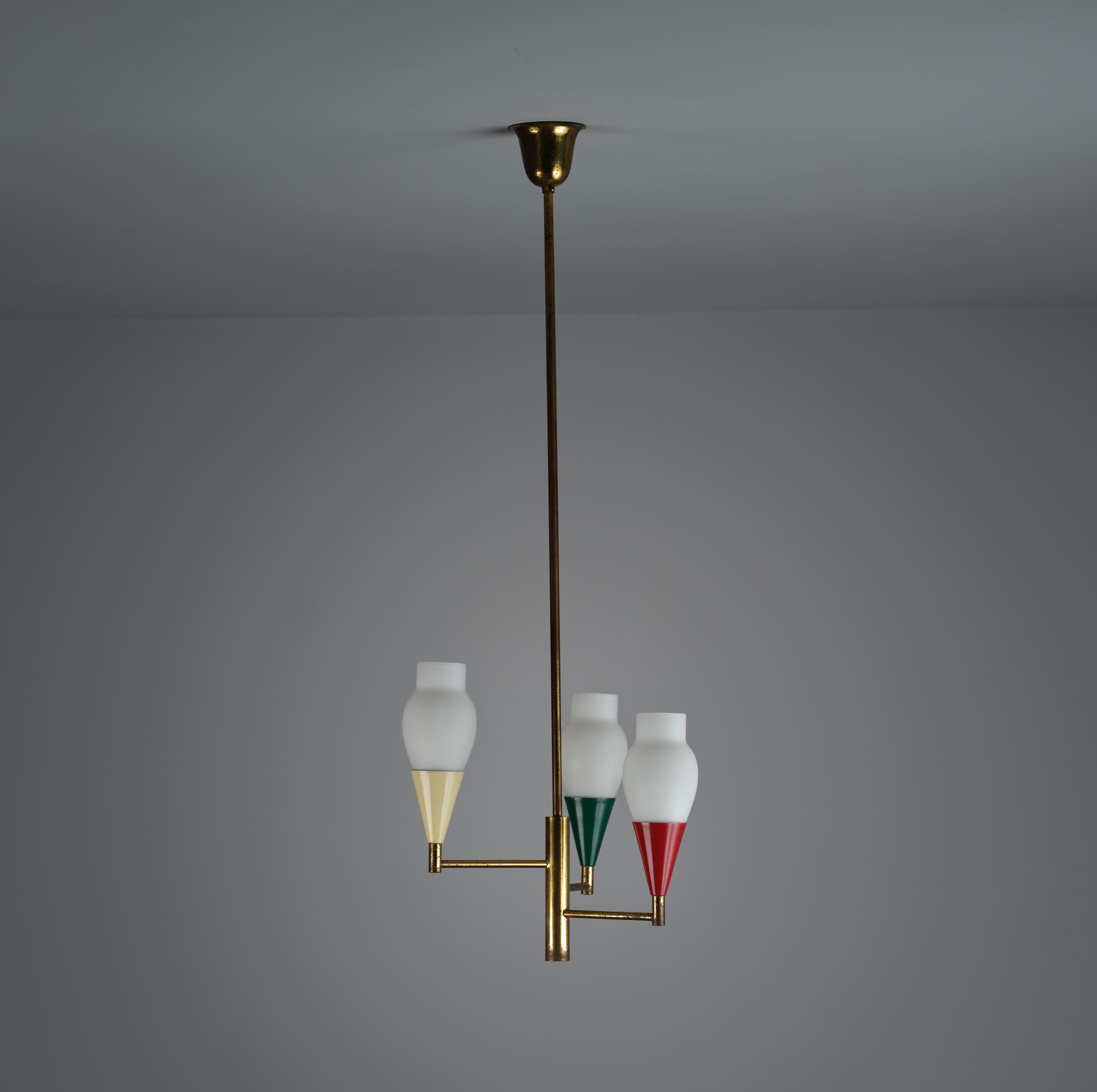 1950s Italian Brass Chandelier with Modern Design and Colorful Metal Accents For Sale 2