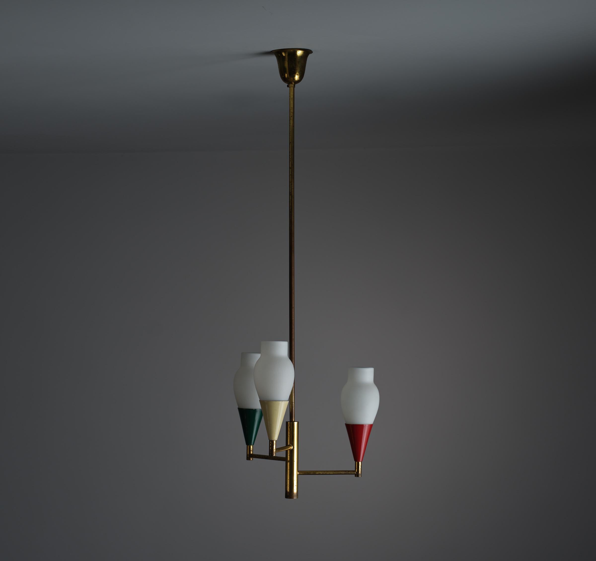 1950s Italian Brass Chandelier with Modern Design and Colorful Metal Accents For Sale 4