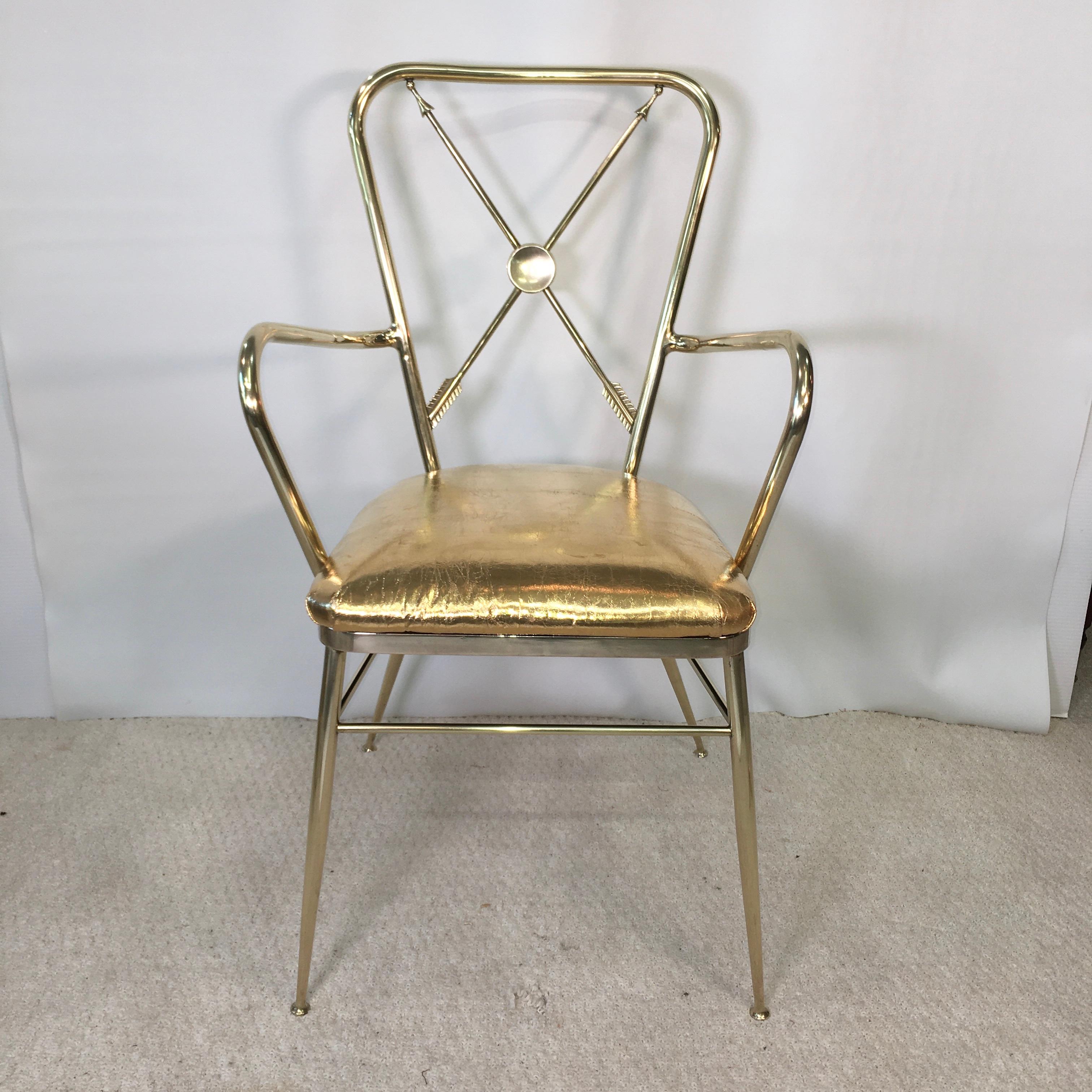 Mid-20th Century 1950s Italian Brass Chiavari Armchair with Crossed Arrows Motif For Sale