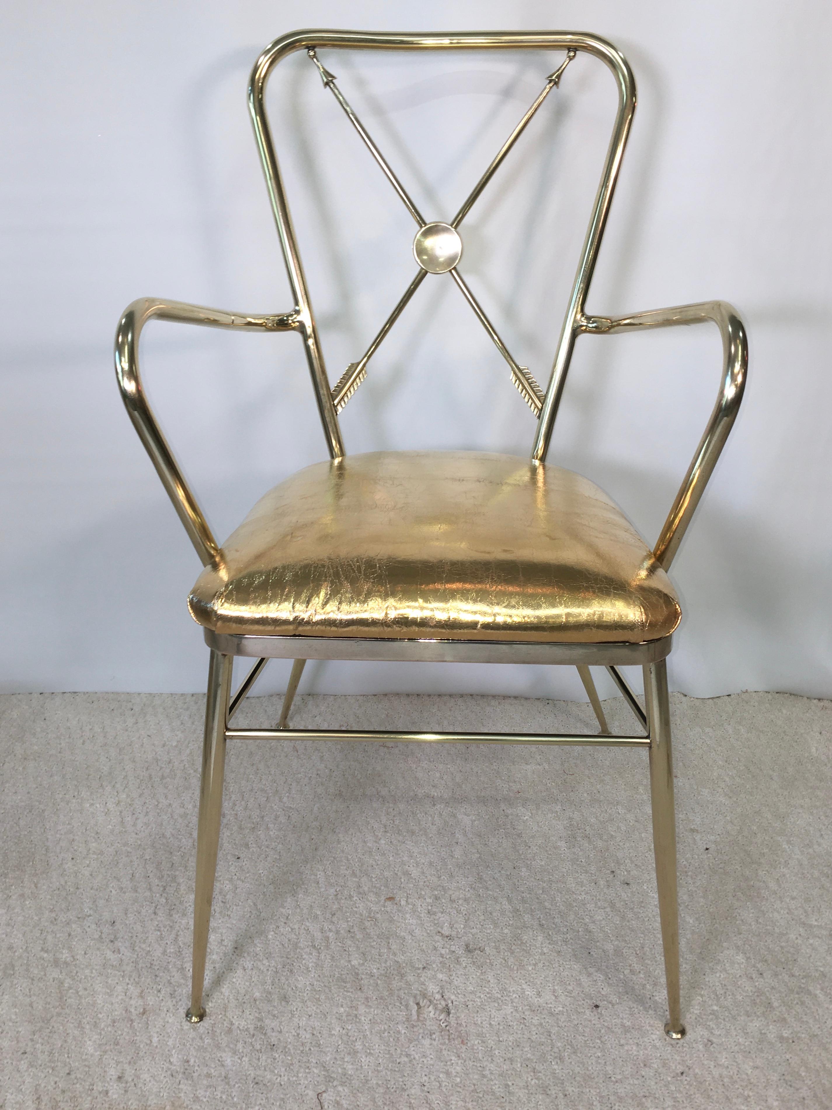 1950s Italian Brass Chiavari Armchair with Crossed Arrows Motif For Sale 1