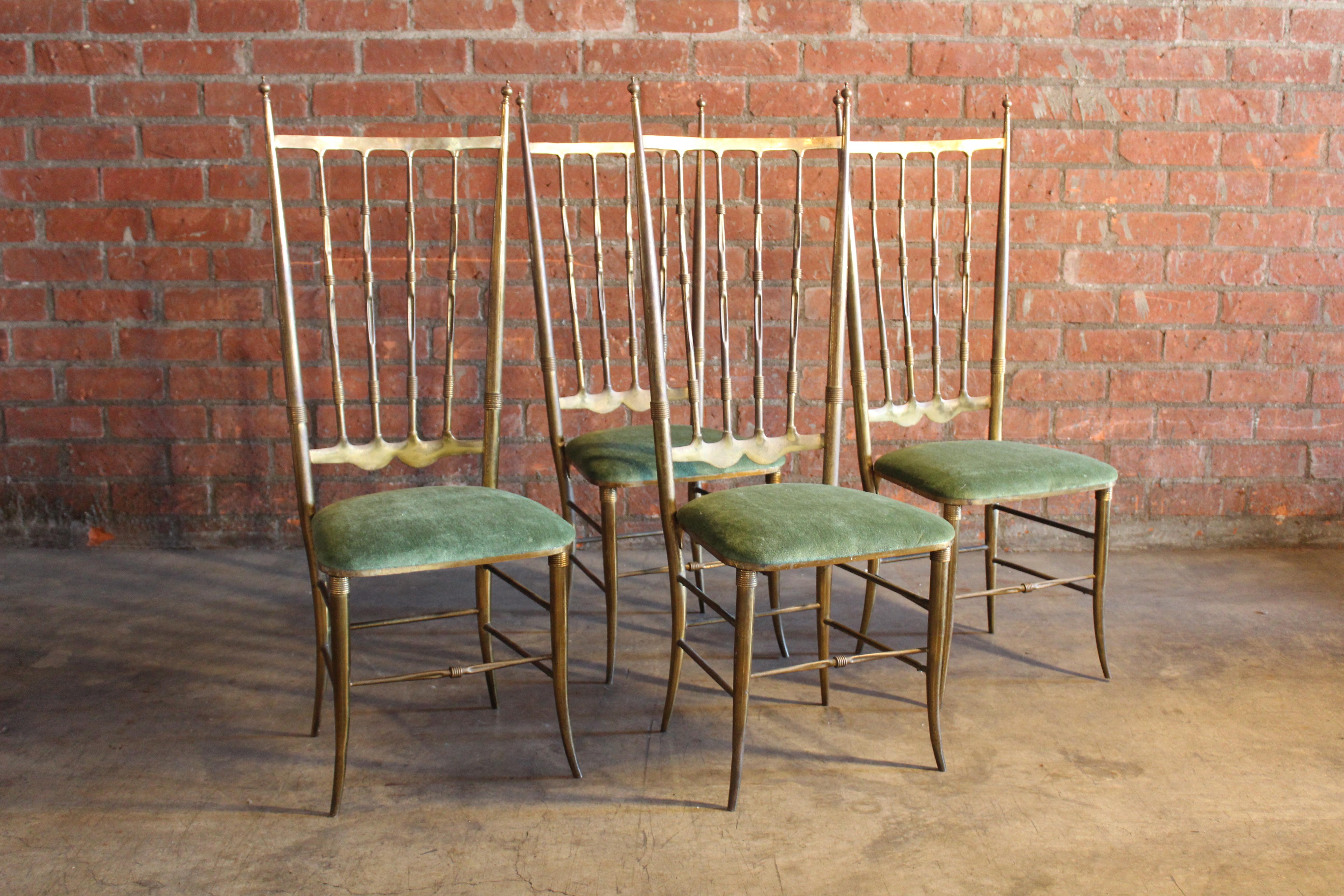 Vintage 1950s Italian brass Chiavari chairs. Newly upholstered in green mohair. They are in good condition with age appropriate patina.