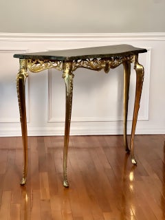 1950s Italian Brass Demilune Console Table with Dark Marble Top