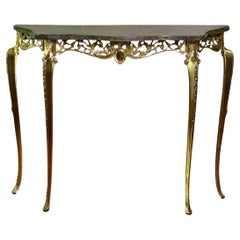 1950s Italian Brass Demilune Console Table with Dark Marble Top