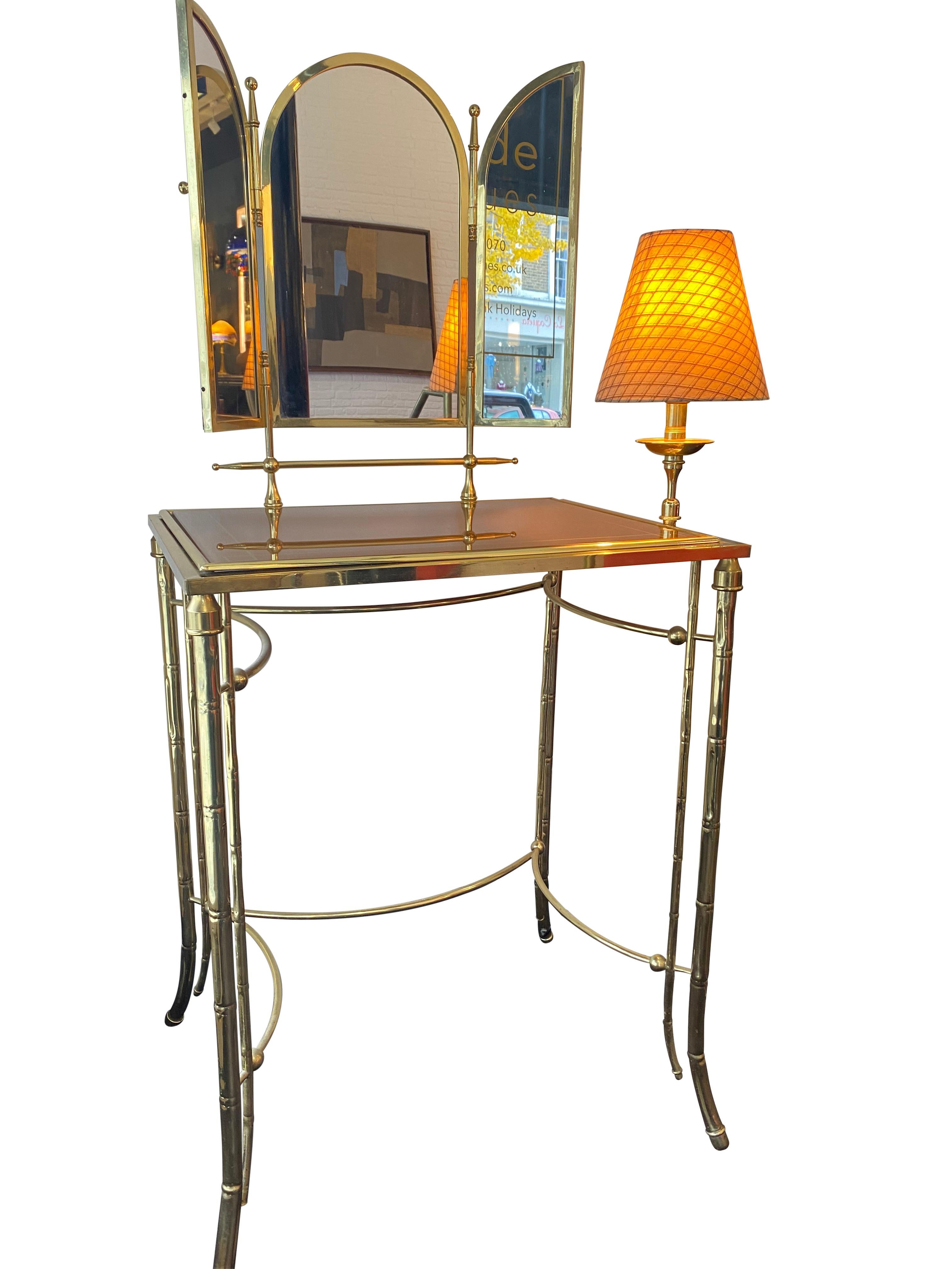 Metalwork 1950s Italian Brass Faux Bamboo Triple Vanity Dressing Table