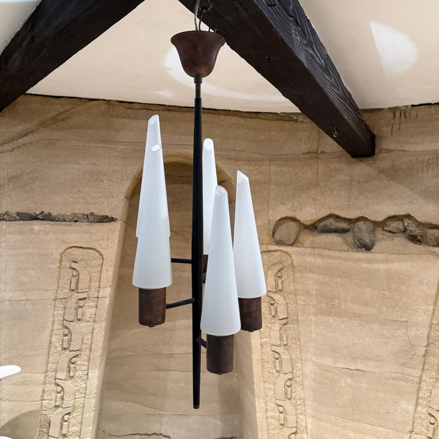 1950s Italian Brass Five Arm Black Chandelier
unmarked in the style of Stilnovo
handmade cased glass shades patinated brass aluminum in swiss black
26.25 h x 12 diameter
Preowned vintage, refer to all images for condition.
Refer to images
   