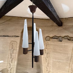 1950s Five Light Black Chandelier Patinated Brass Italy