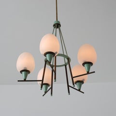 1950s Italian Brass, Green Lacquered Metal and Opaline Glass Chandelier