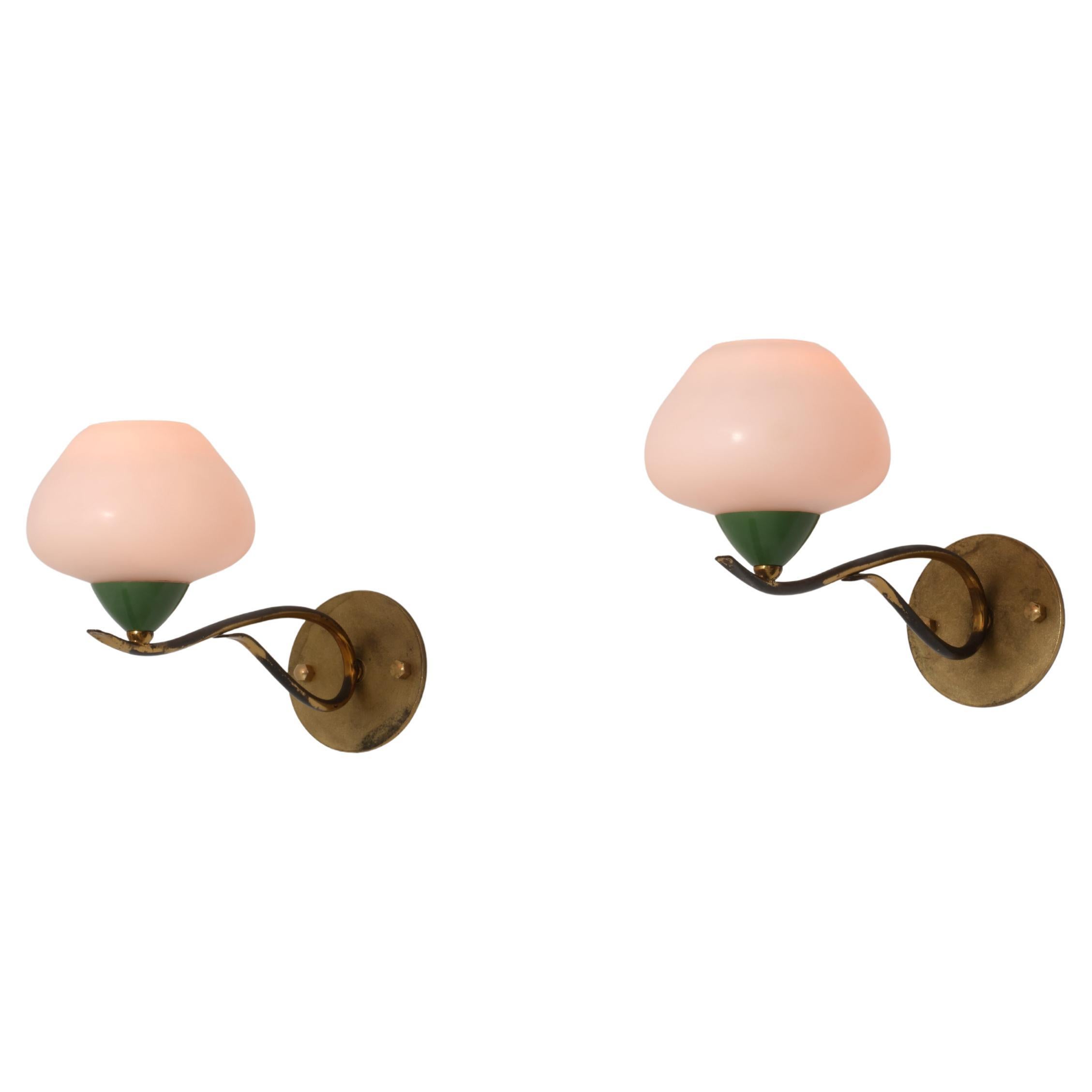 1950s Italian Brass, Green Lacquered Metal and Opaline Glass Wall Sconces