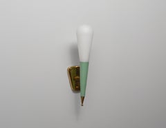1950s Italian Brass & Green-Lacquered Steel Wall Sconce with Opaline Glass Shade
