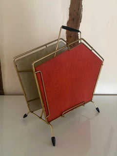 1950s Italian Brass Magazine Rack / Newspaper Holder with Red Vinyl
