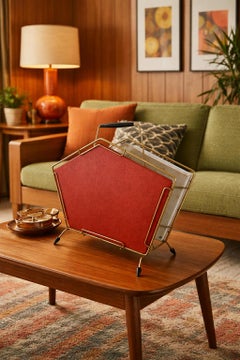 1950s Italian Brass Magazine Rack / Newspaper Holder with Red Vinyl