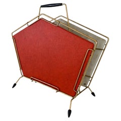 1950s Italian Brass Magazine Rack / Newspaper Holder with Red Vinyl