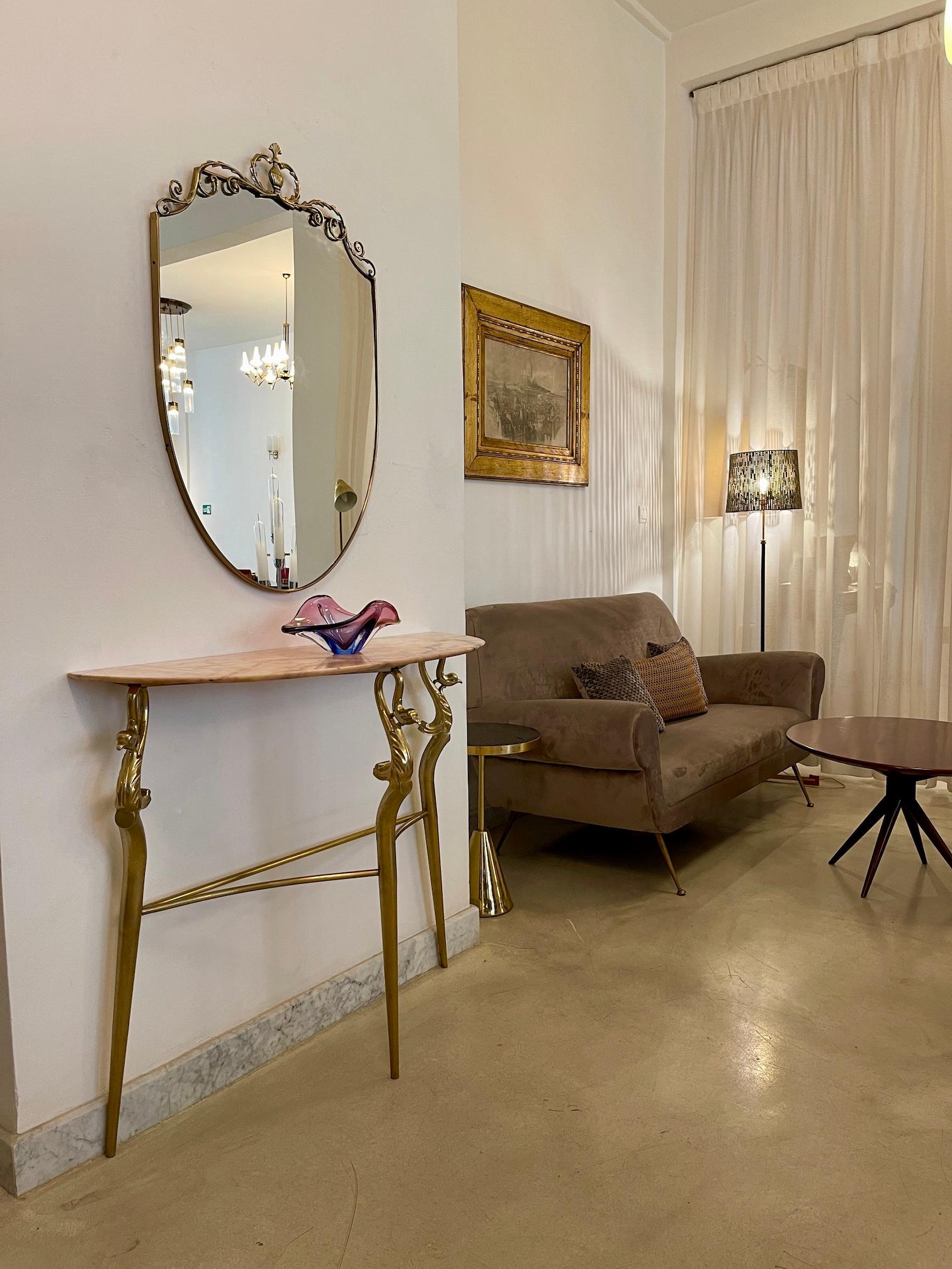 Mid-Century Modern 1950's Italian Brass Marble Console with Mirror For Sale