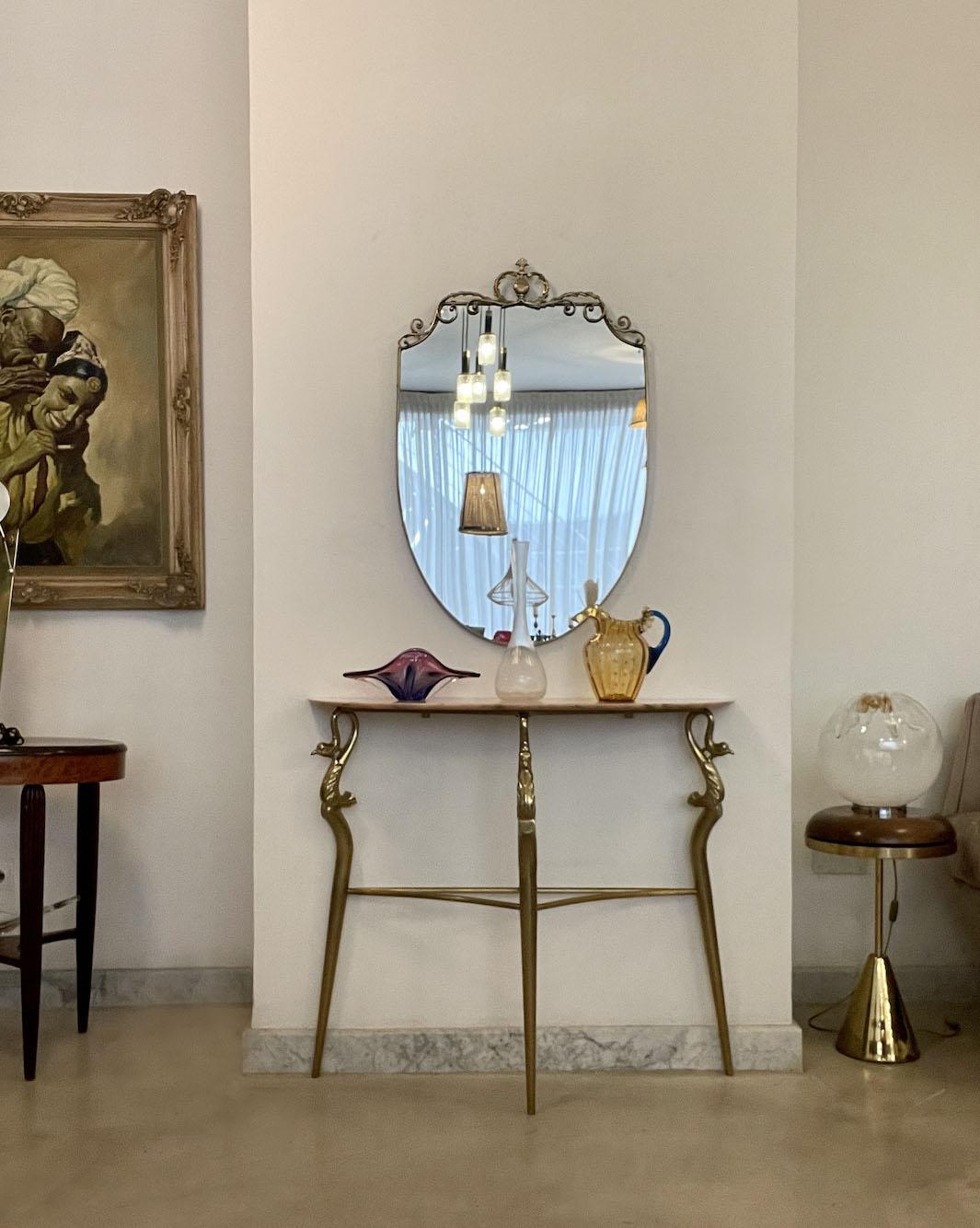 20th Century 1950's Italian Brass Marble Console with Mirror  For Sale
