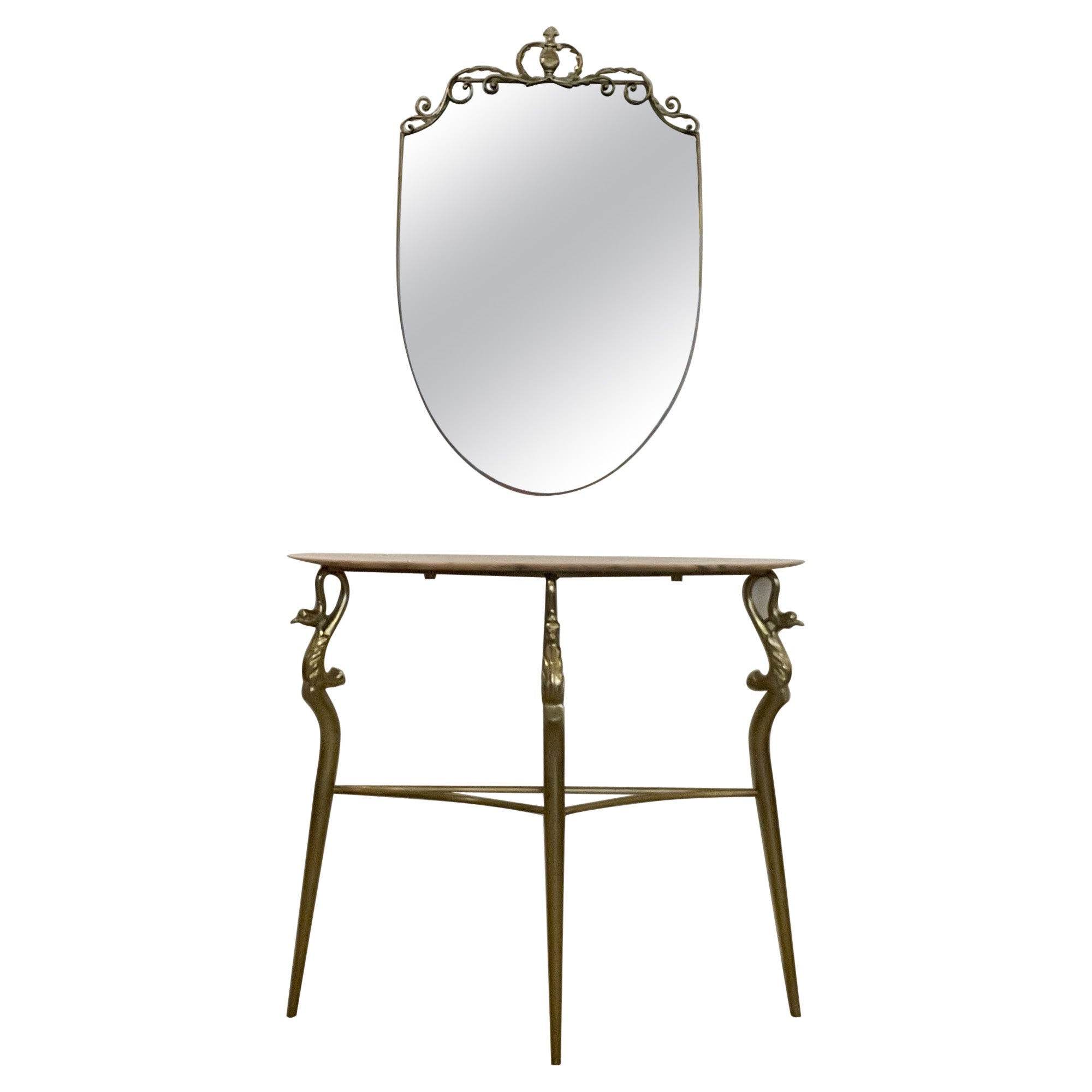1950's Italian Brass Marble Console with Mirror