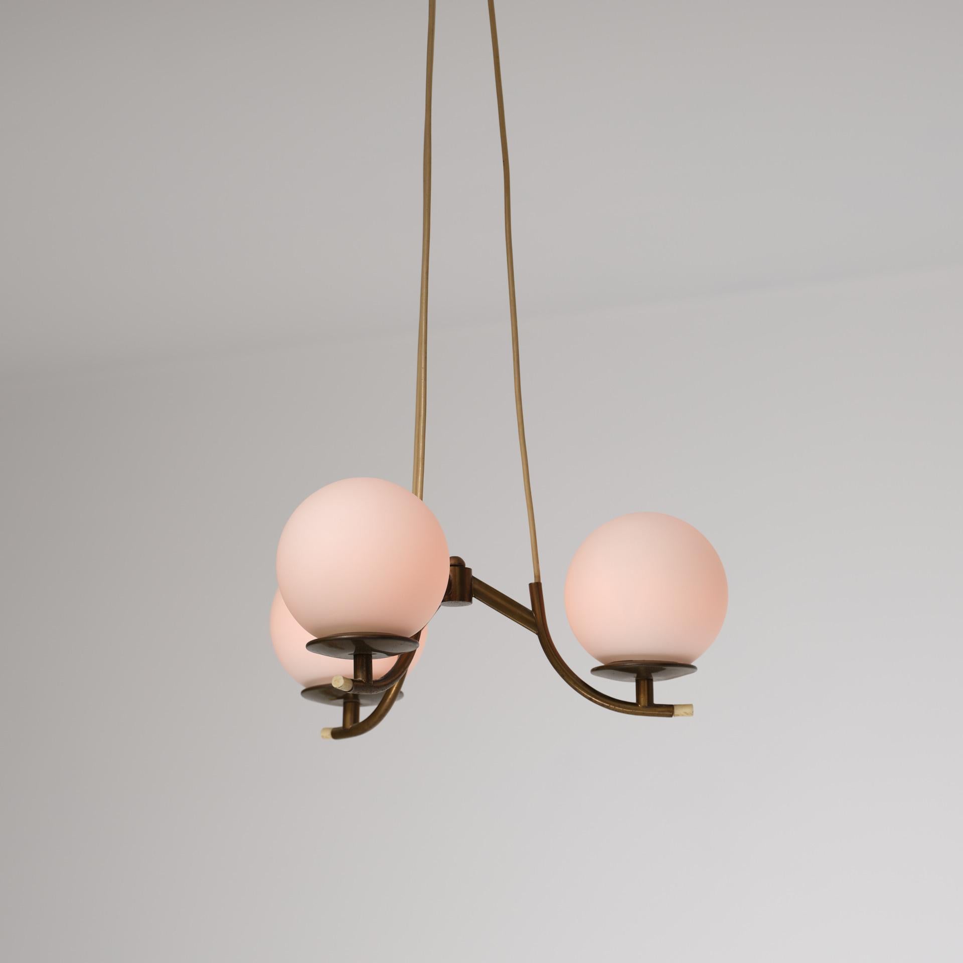 Mid-20th Century 1950s Italian Brass Pendant Lamp with Opaline Glass Spheres For Sale
