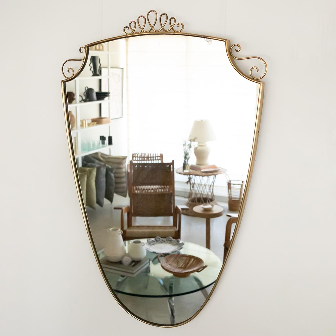 1950s Italian Brass Shield Mirror with Loop Detail In Good Condition In Los Angeles, CA