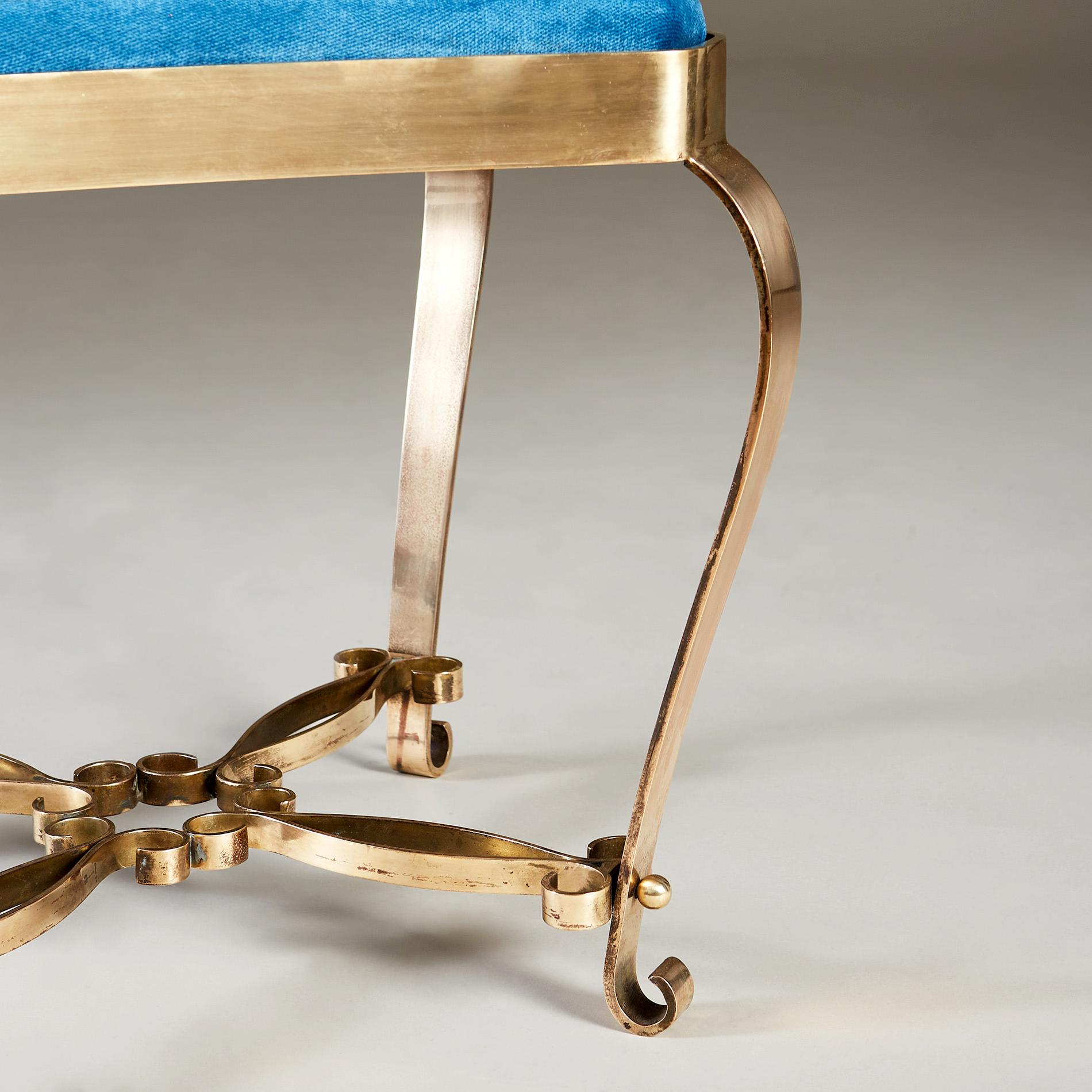 Mid-20th Century Italian 1950s Brass Stool with turquoise velvet seat For Sale