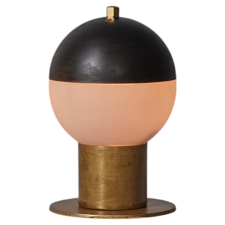 1950s Italian Brass Table Lamp with Spherical Opaline Glass Shades