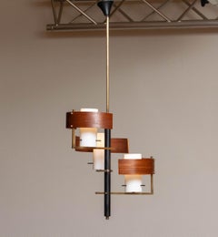 1950's Italian Brass Teak with Frosted Glass Three Up Lights Pendant