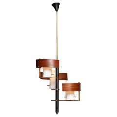 1950's Italian Brass Teak with Frosted Glass Three Up Lights Pendant