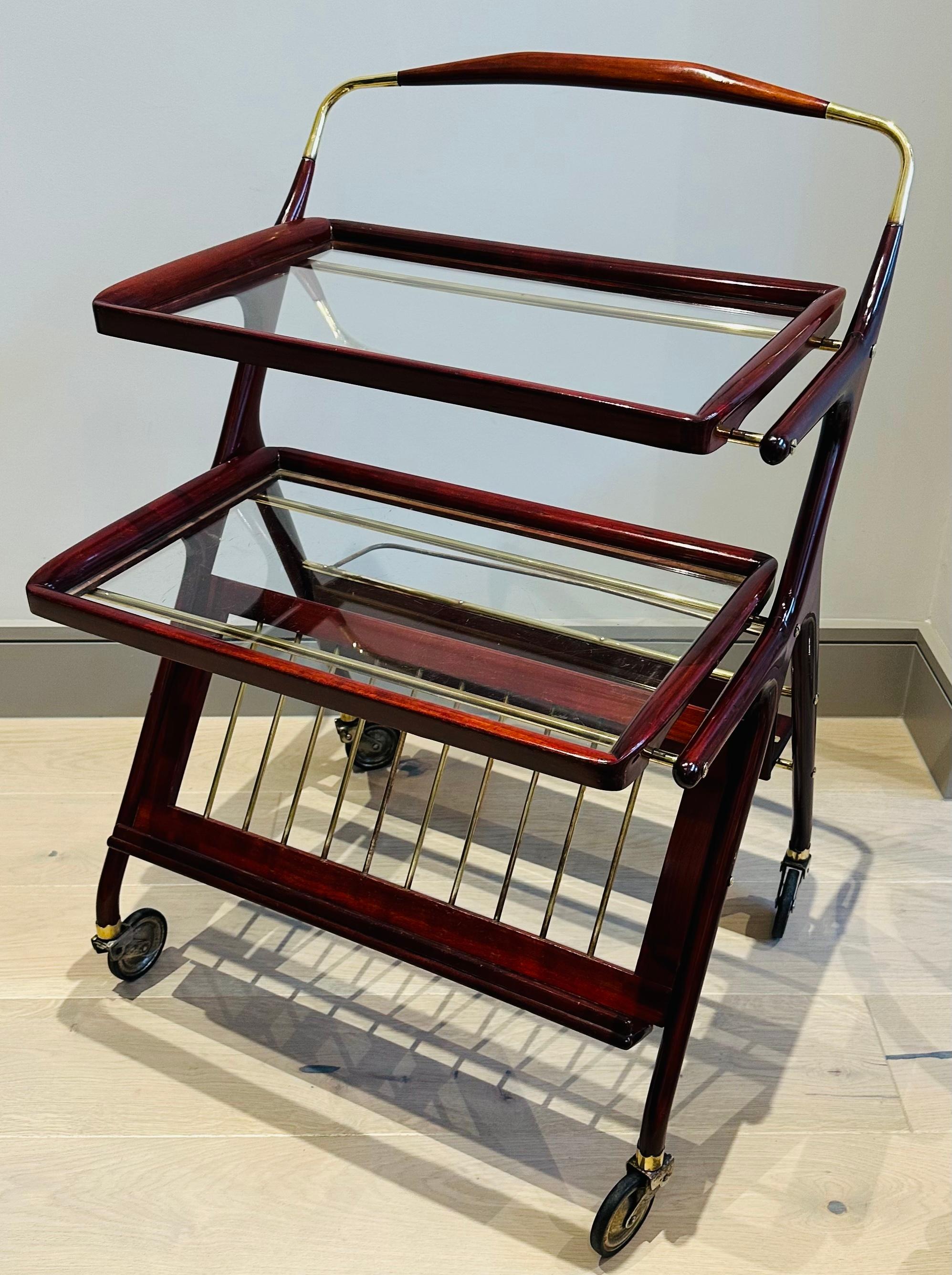 Mid-Century Modern 1950s Italian Brass & Wood Bar Cart or Drinks Trolley by Cesare Lacca - Cassina For Sale