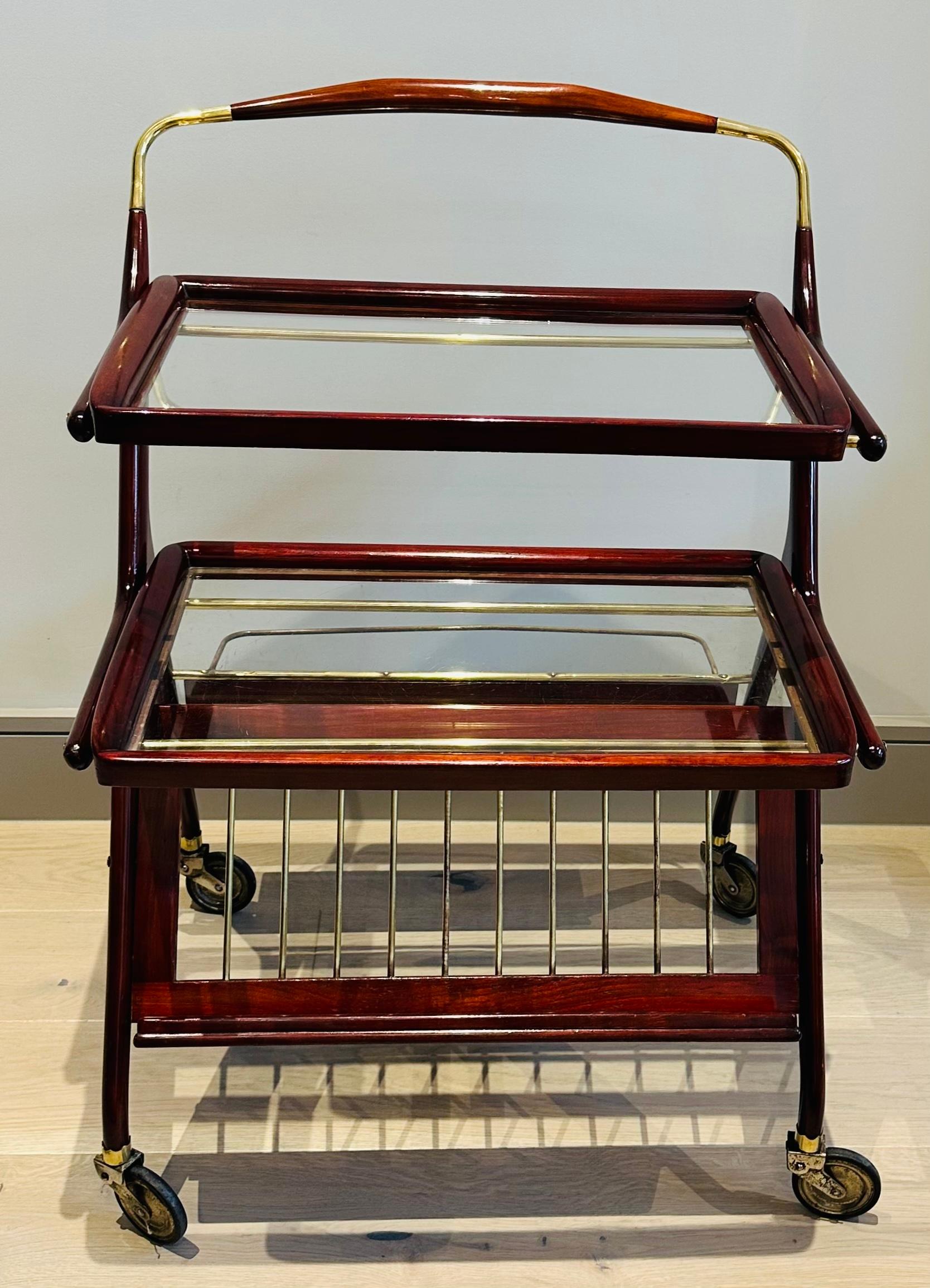 Lacquered 1950s Italian Brass & Wood Bar Cart or Drinks Trolley by Cesare Lacca - Cassina For Sale
