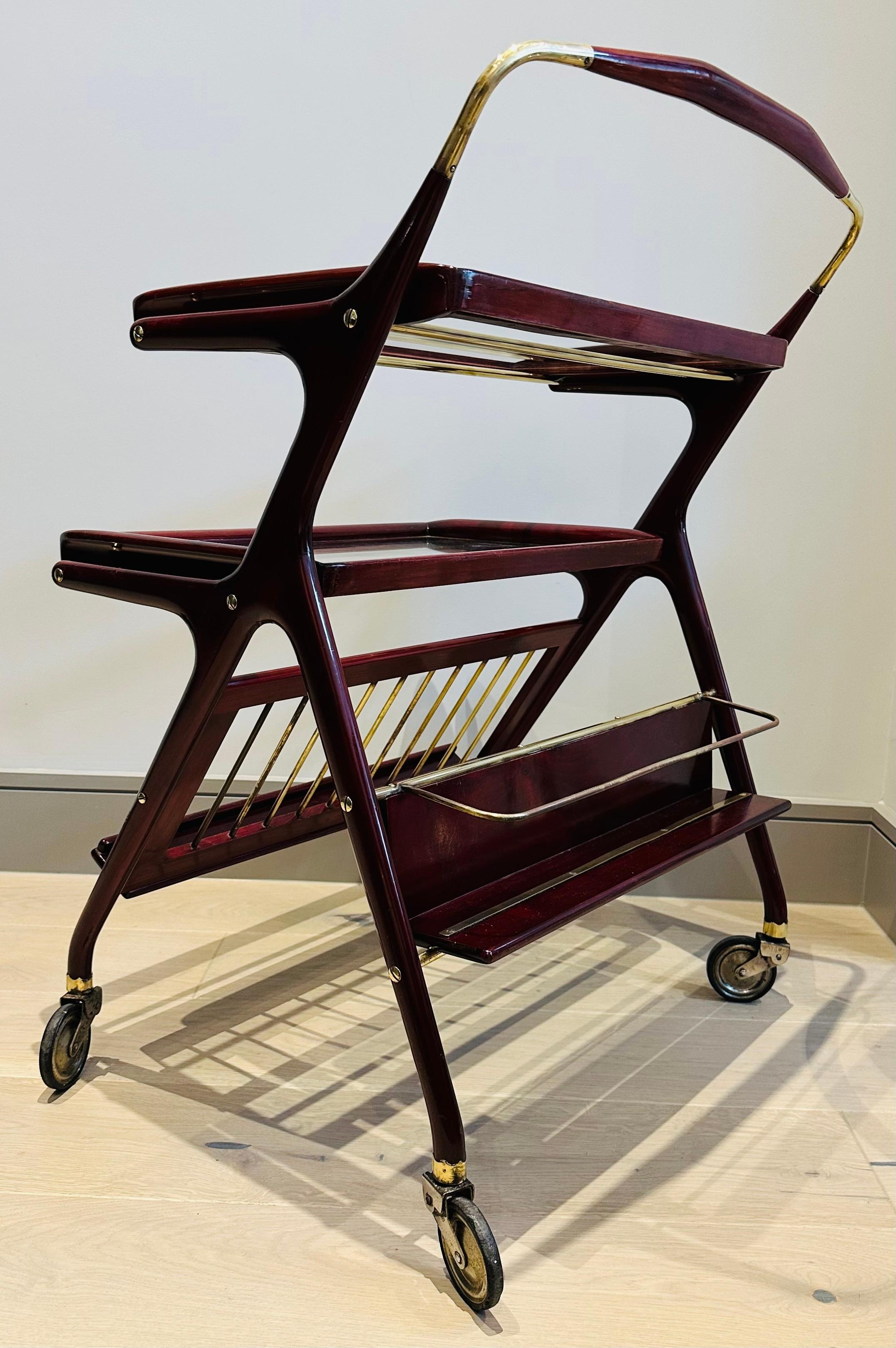 Metal 1950s Italian Brass & Wood Bar Cart or Drinks Trolley by Cesare Lacca - Cassina For Sale