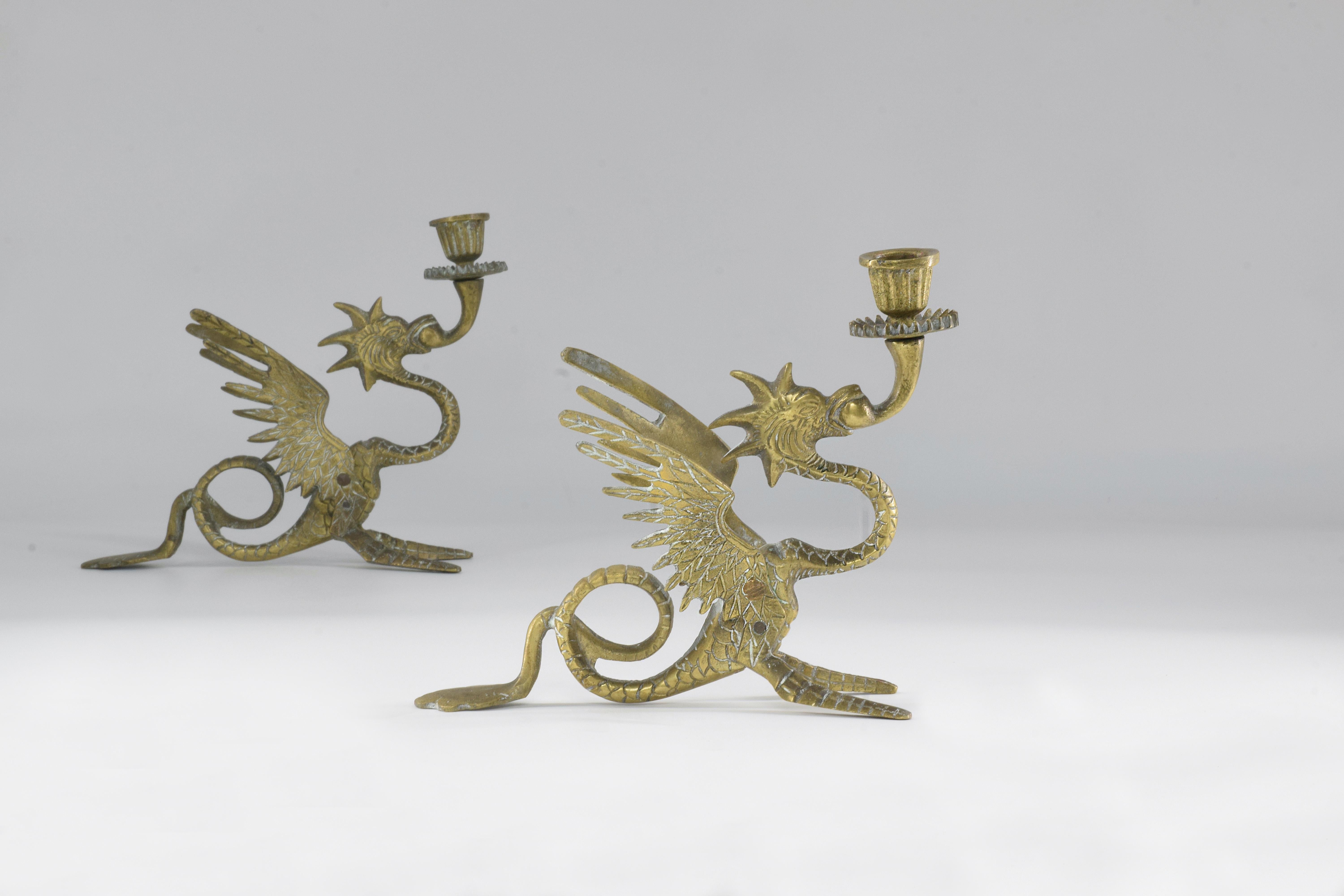 20th Century 1950's Italian Bronze Dragon Candlesticks