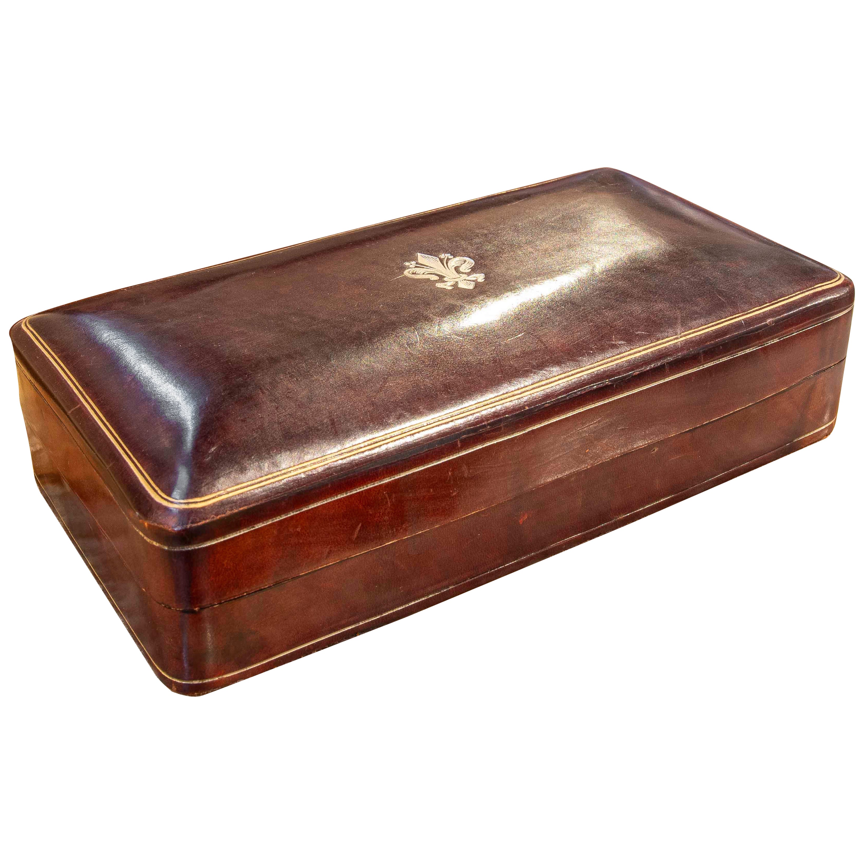 1950s Italian Brown Leather Jewelry or Desk Box, Florence
