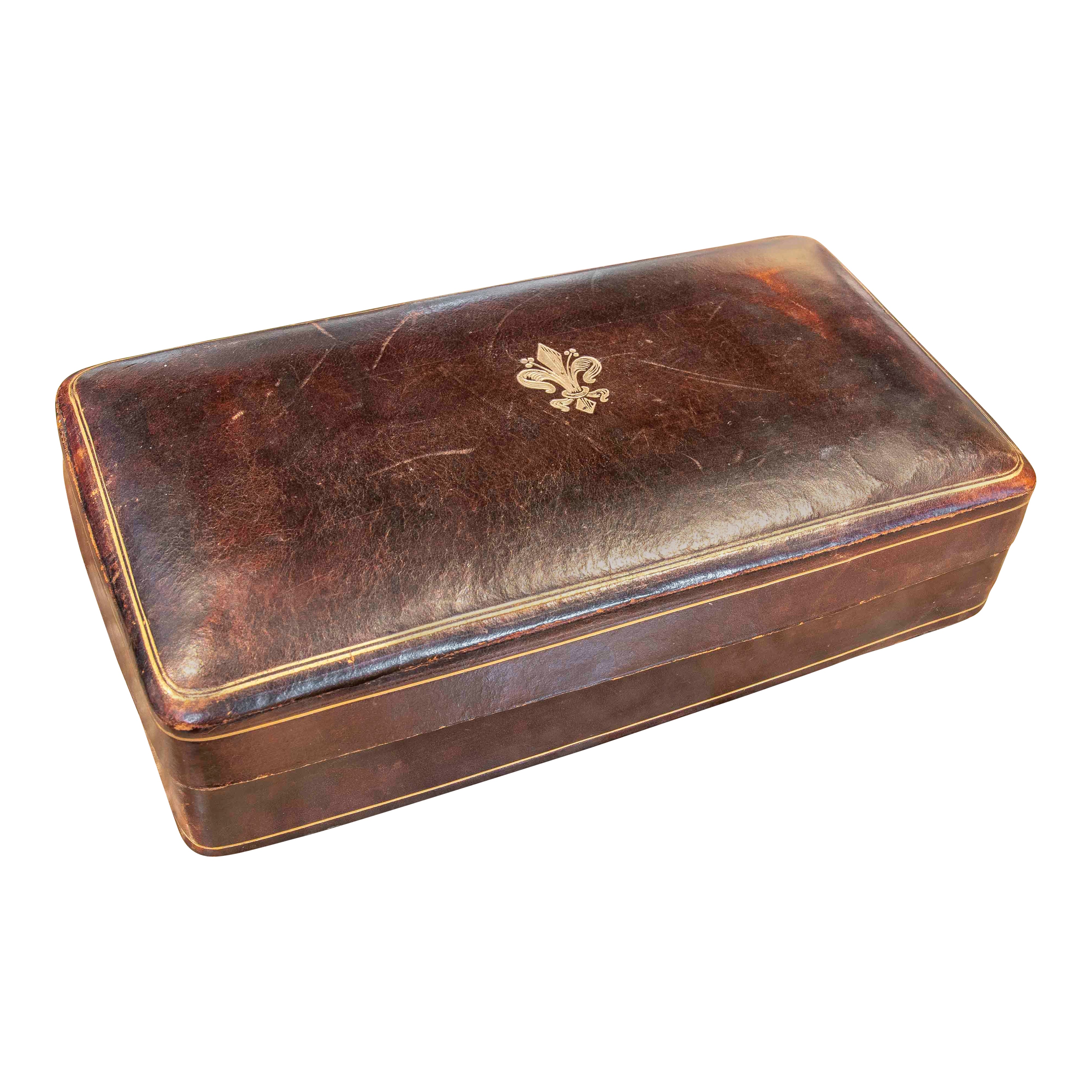 1950s Italian Brown Leather Jewelry or Desk Box, Florence For Sale