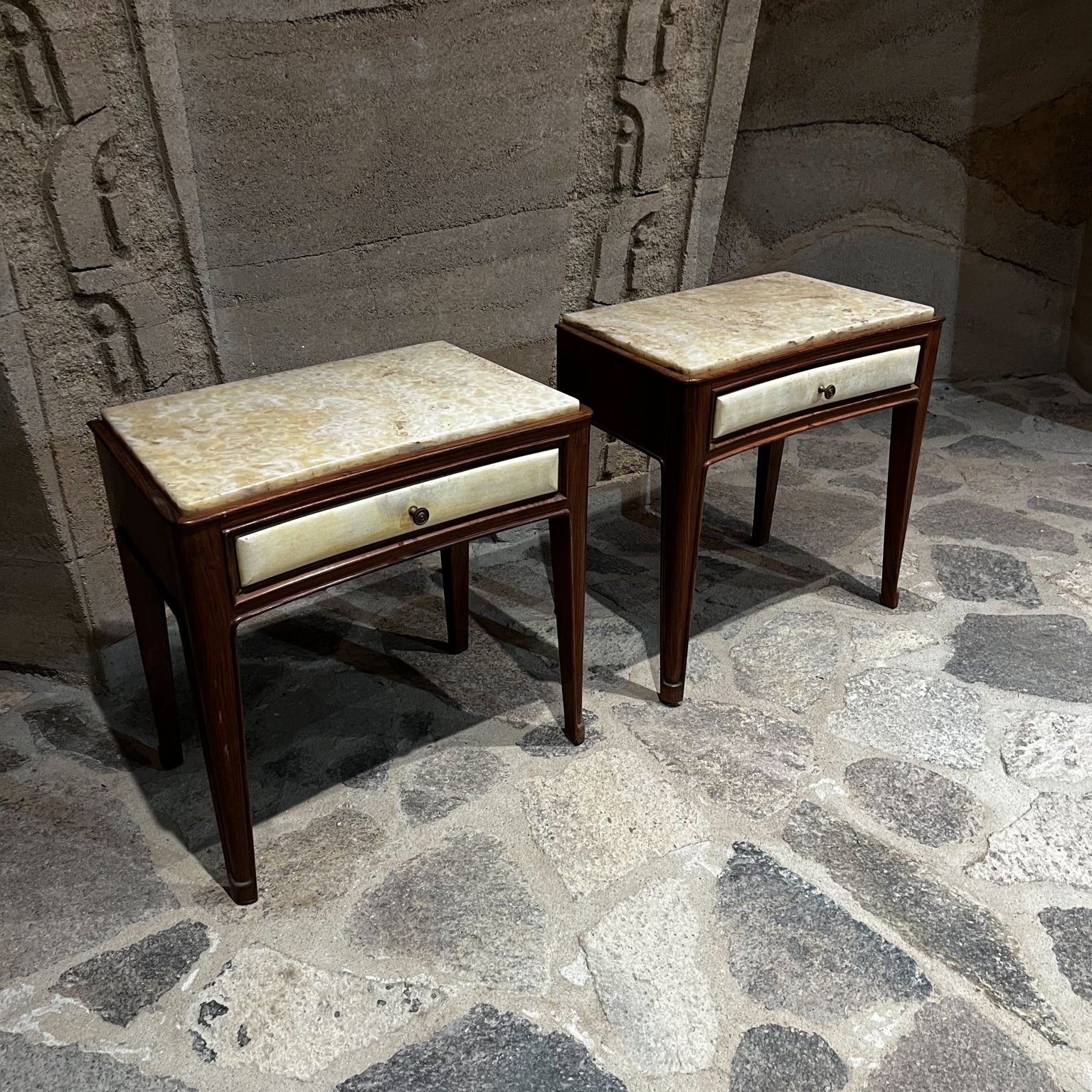 1950s Italian Buffa Sculptural Nightstands in Walnut Goatskin 
Stone from Milan
