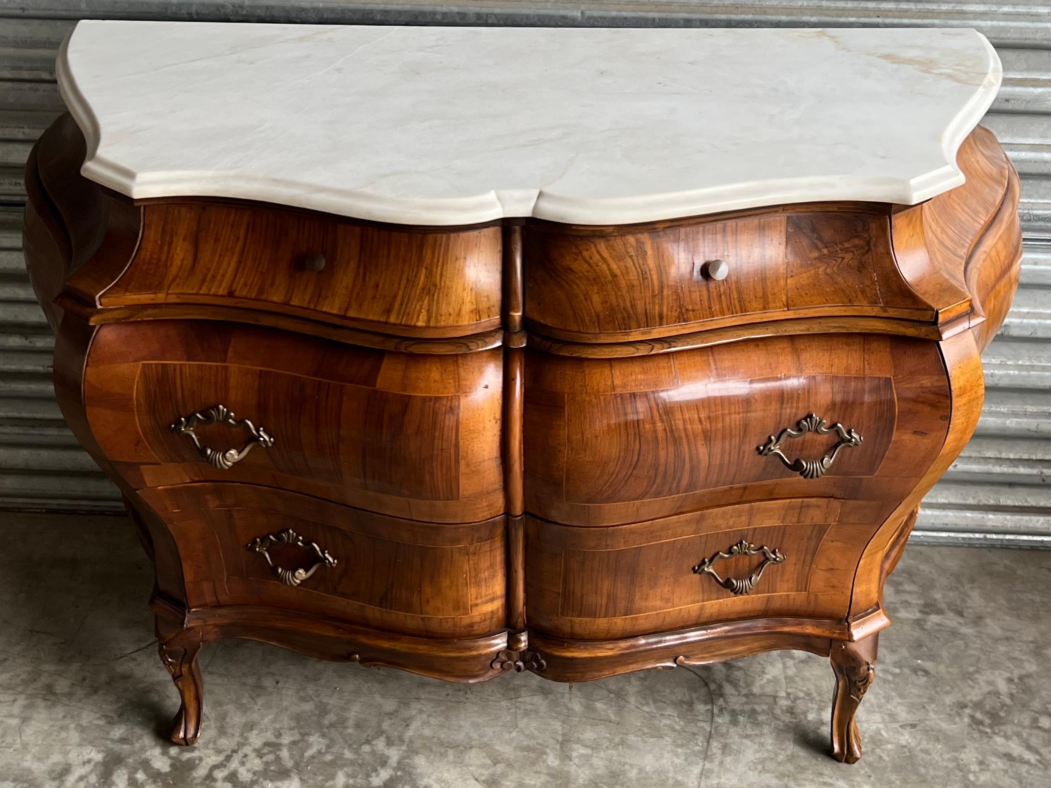 20th Century 1950S Italian Burl Walnut Inlaid French Louis XV Style Marble Top Chests, Pair