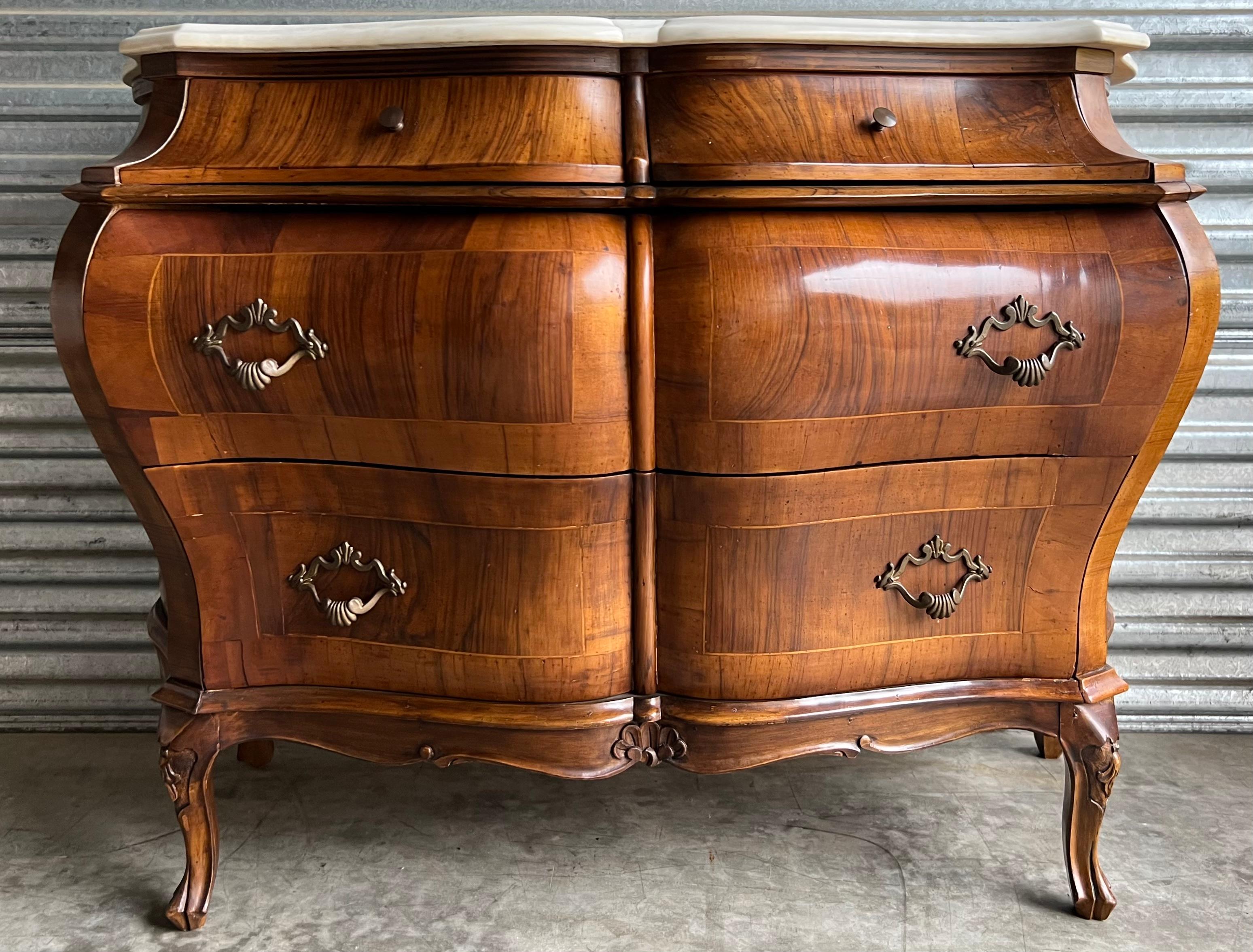 Brass 1950S Italian Burl Walnut Inlaid French Louis XV Style Marble Top Chests, Pair