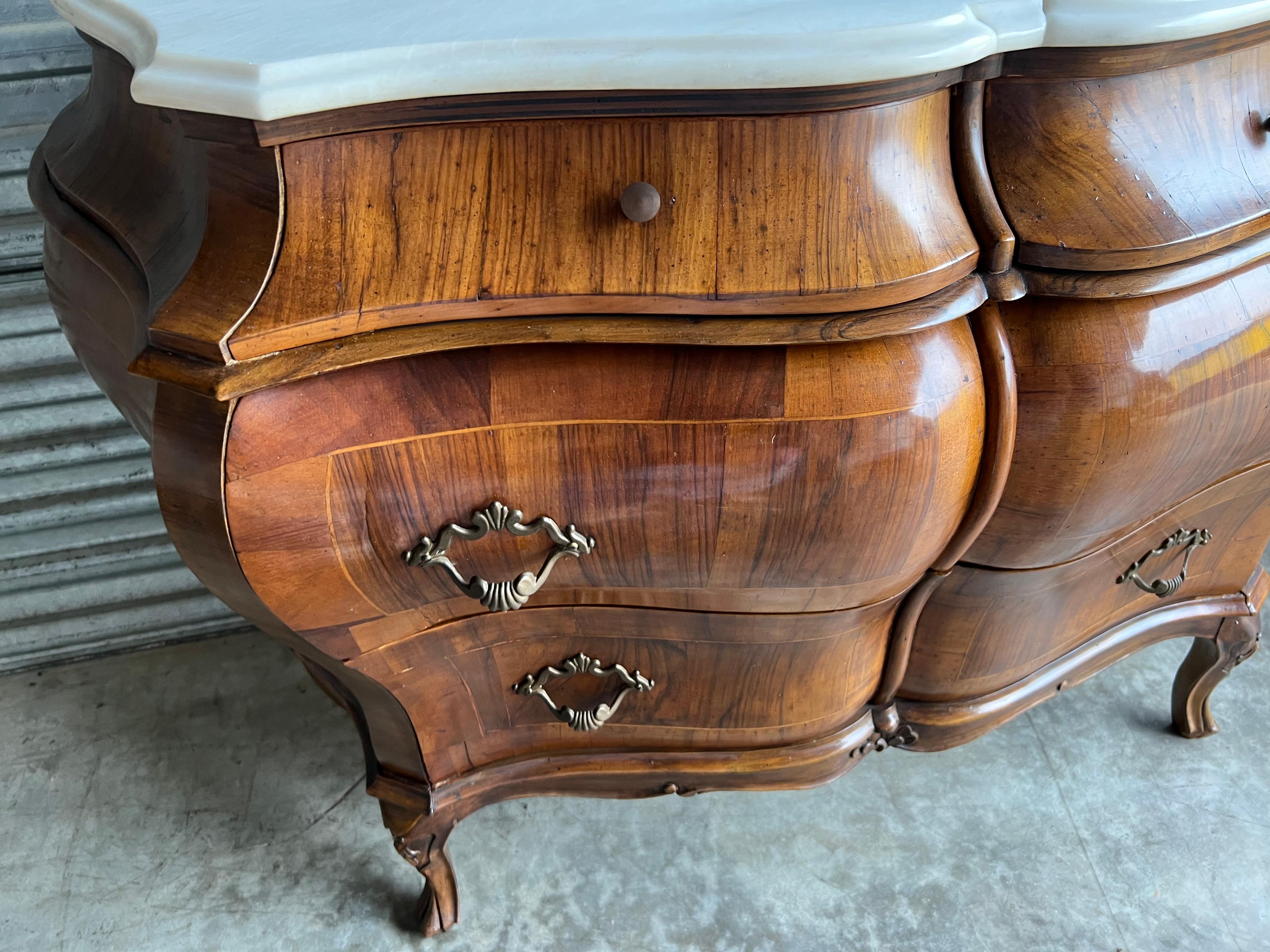 1950S Italian Burl Walnut Inlaid French Louis XV Style Marble Top Chests, Pair 2