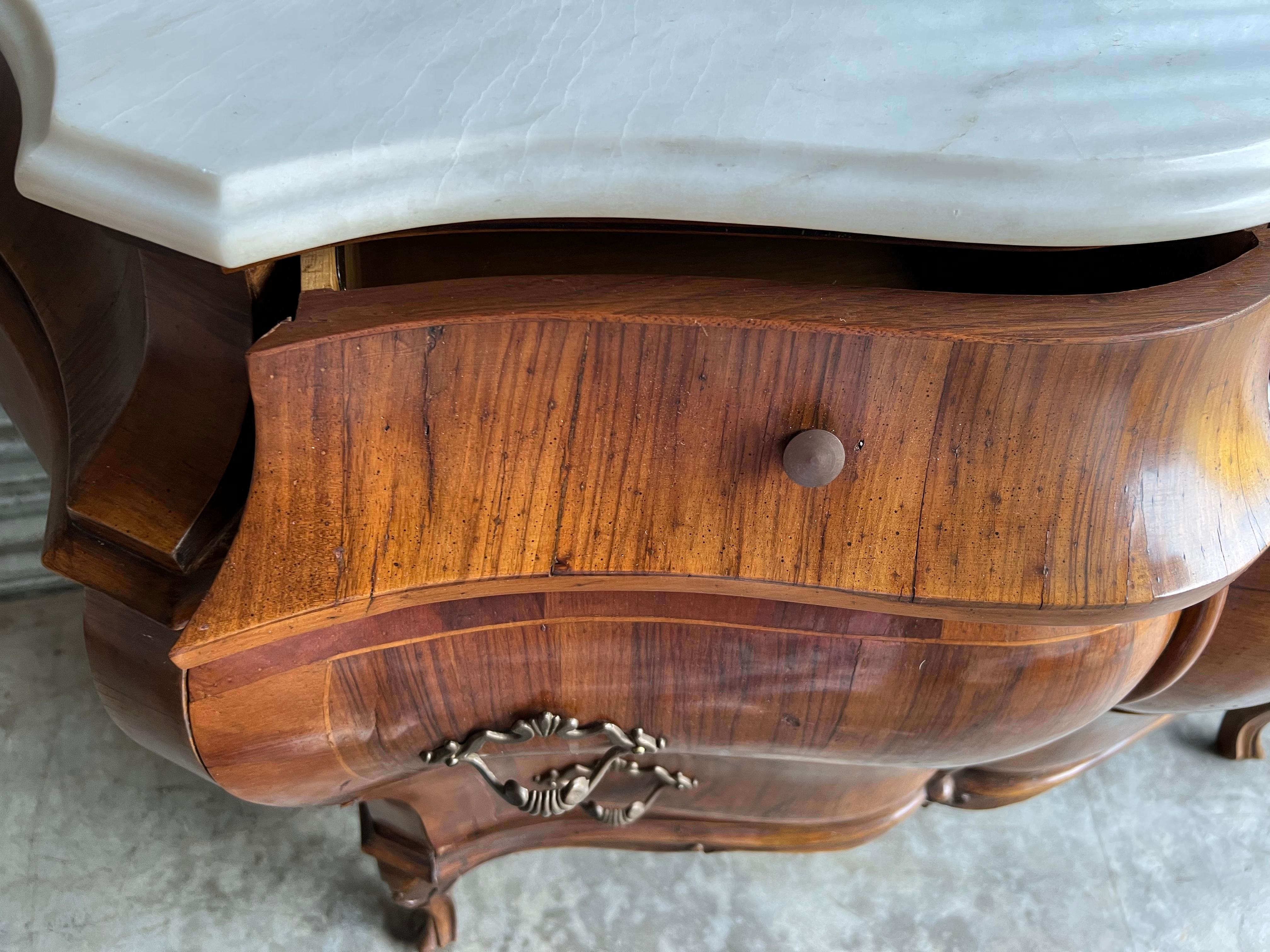 1950S Italian Burl Walnut Inlaid French Louis XV Style Marble Top Chests, Pair 3