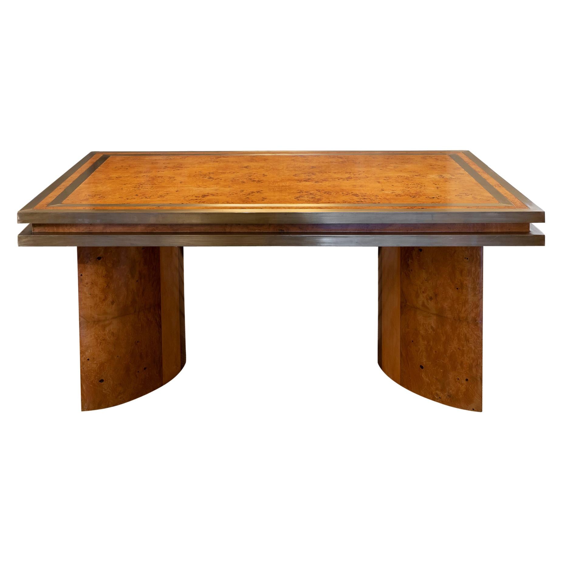 1950s Italian Burl wood Dining Table, Brass Details