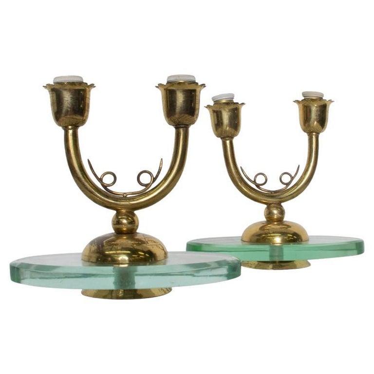 1950s Italian Candelabra Brass Table Lamps on Floating Glass Italy For Sale 9