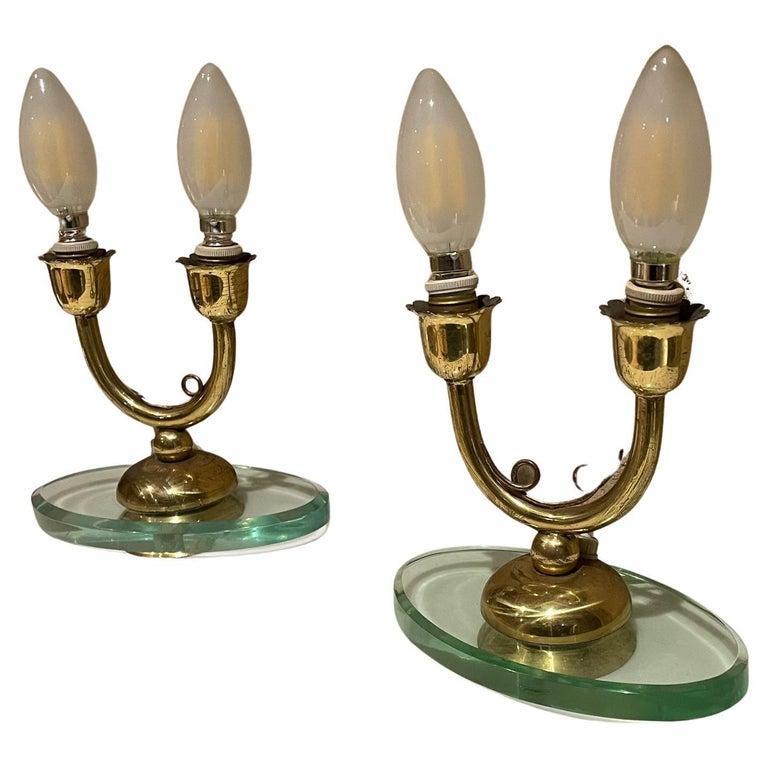 Mid-Century Modern 1950s Italian Candelabra Brass Table Lamps on Floating Glass Italy For Sale