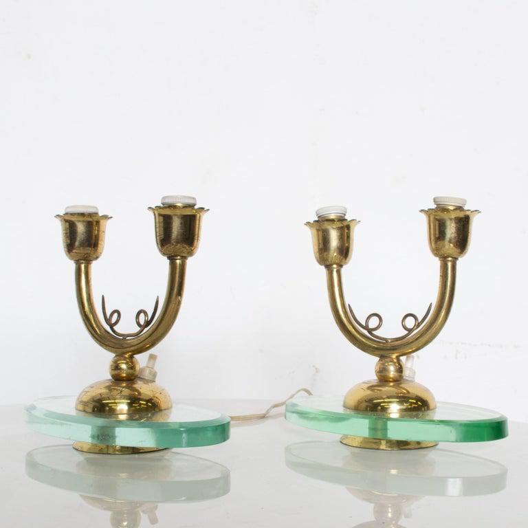 1950s Italian Candelabra Brass Table Lamps on Floating Glass Italy In Good Condition For Sale In Chula Vista, CA