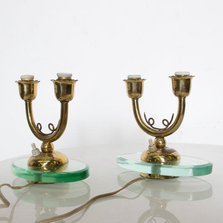 1950s Italian Candelabra Brass Table Lamps on Floating Glass Italy For Sale 1