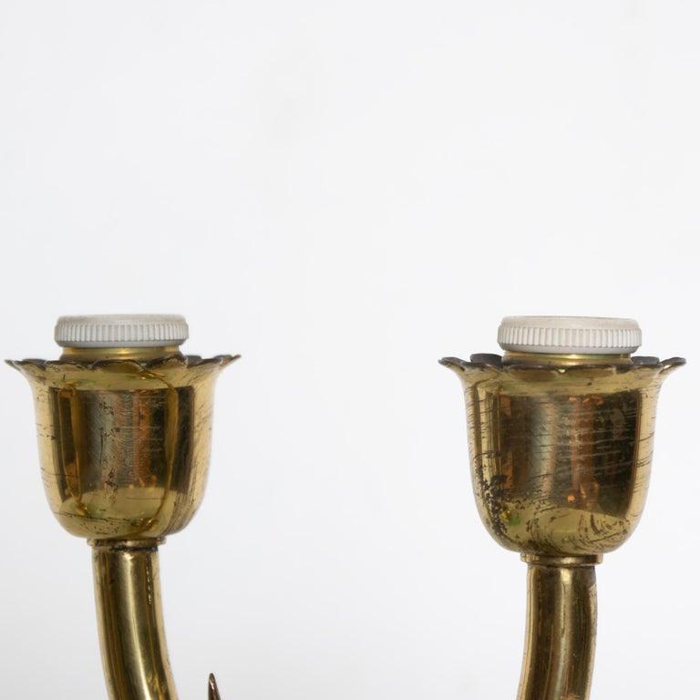 1950s Italian Candelabra Brass Table Lamps on Floating Glass Italy For Sale 4