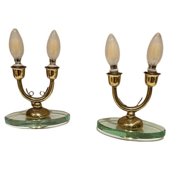 1950s Italian Candelabra Brass Table Lamps on Floating Glass Italy For Sale