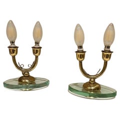 1950s Italian Candelabra Brass Table Lamps on Floating Glass Italy