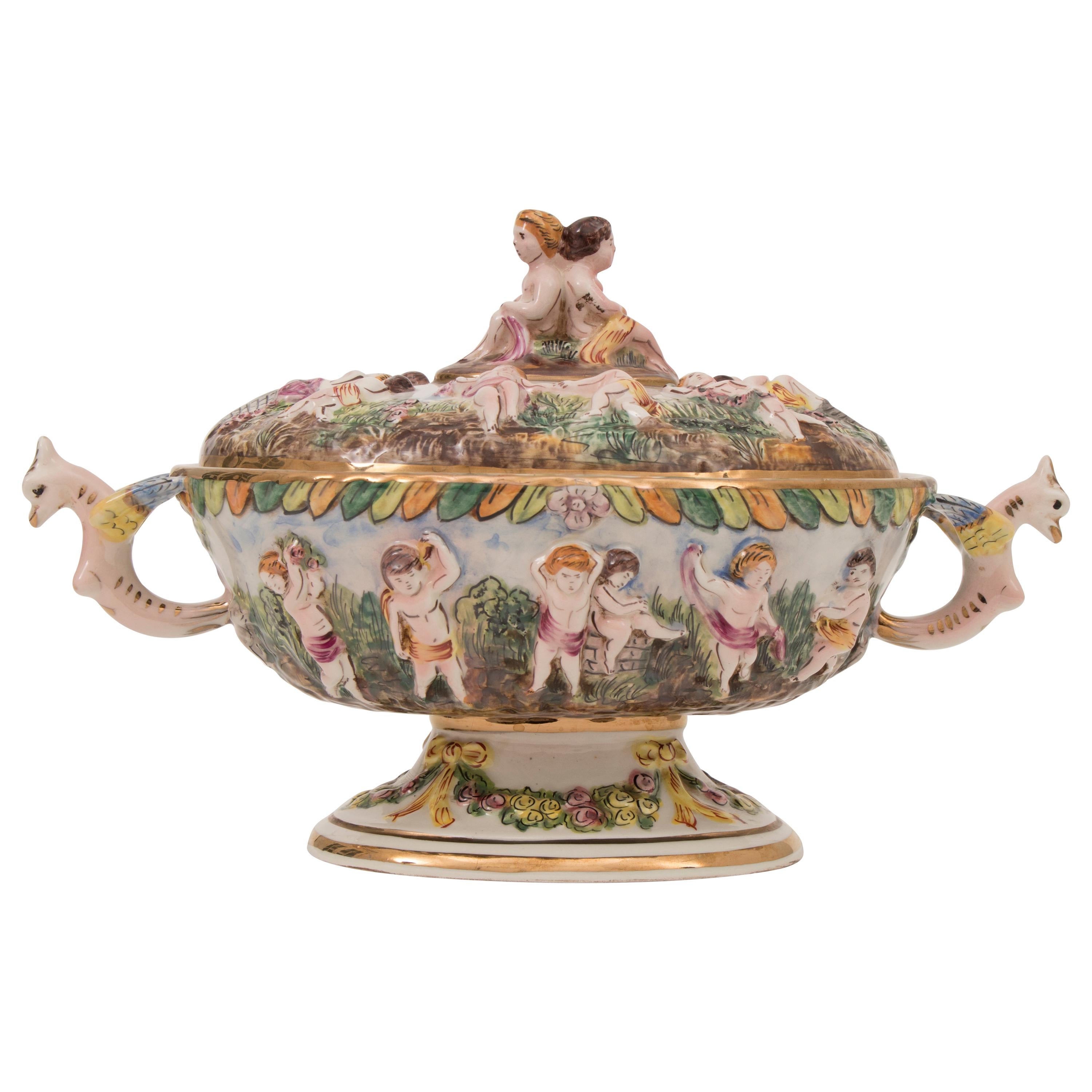 1950s Italian Capodimonte Cherubs Porcelain Serving Tureen