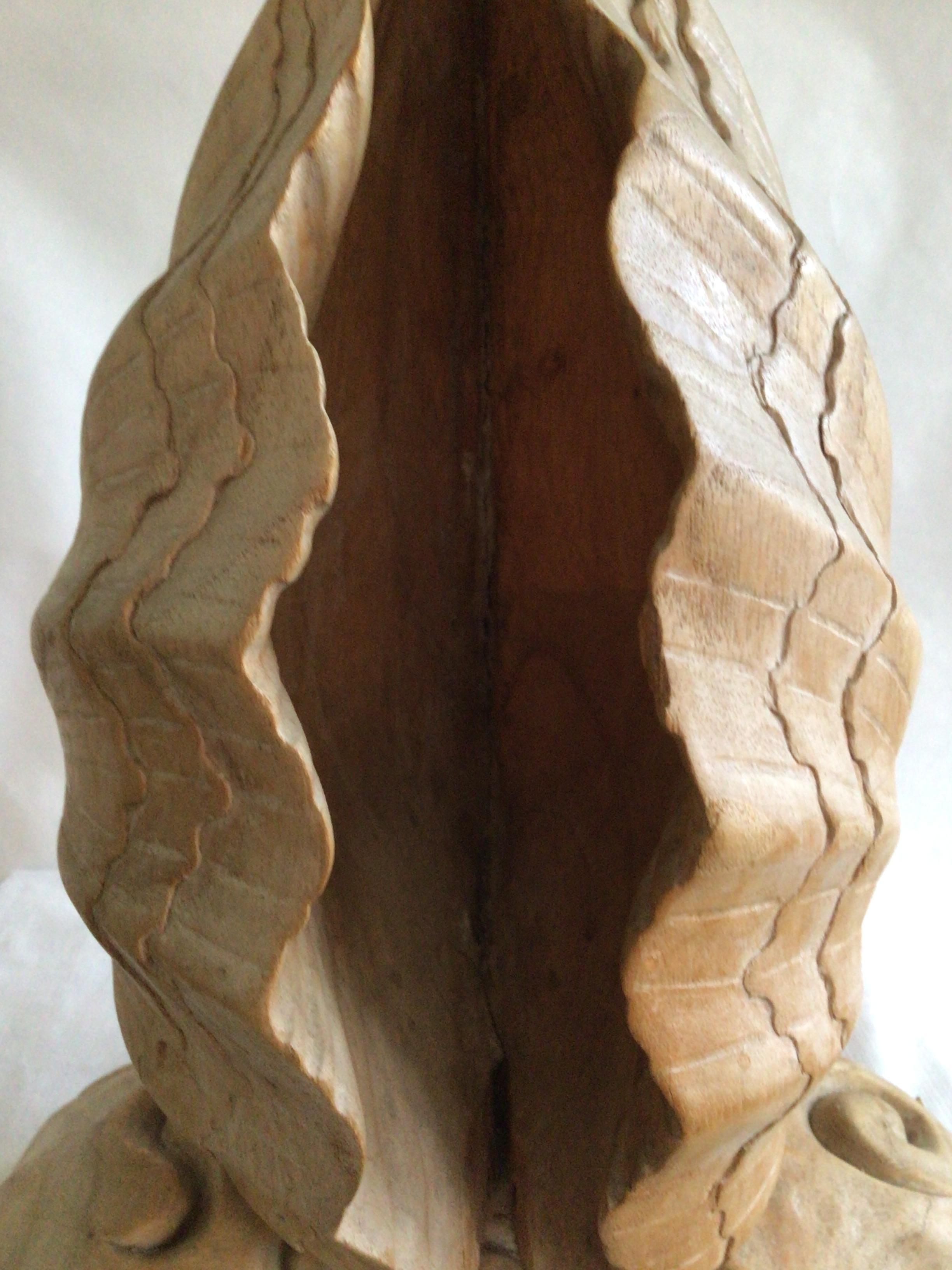 Mid-20th Century 1950s Italian Carved Wood Folded Leaf Sculpture on Wood Base For Sale