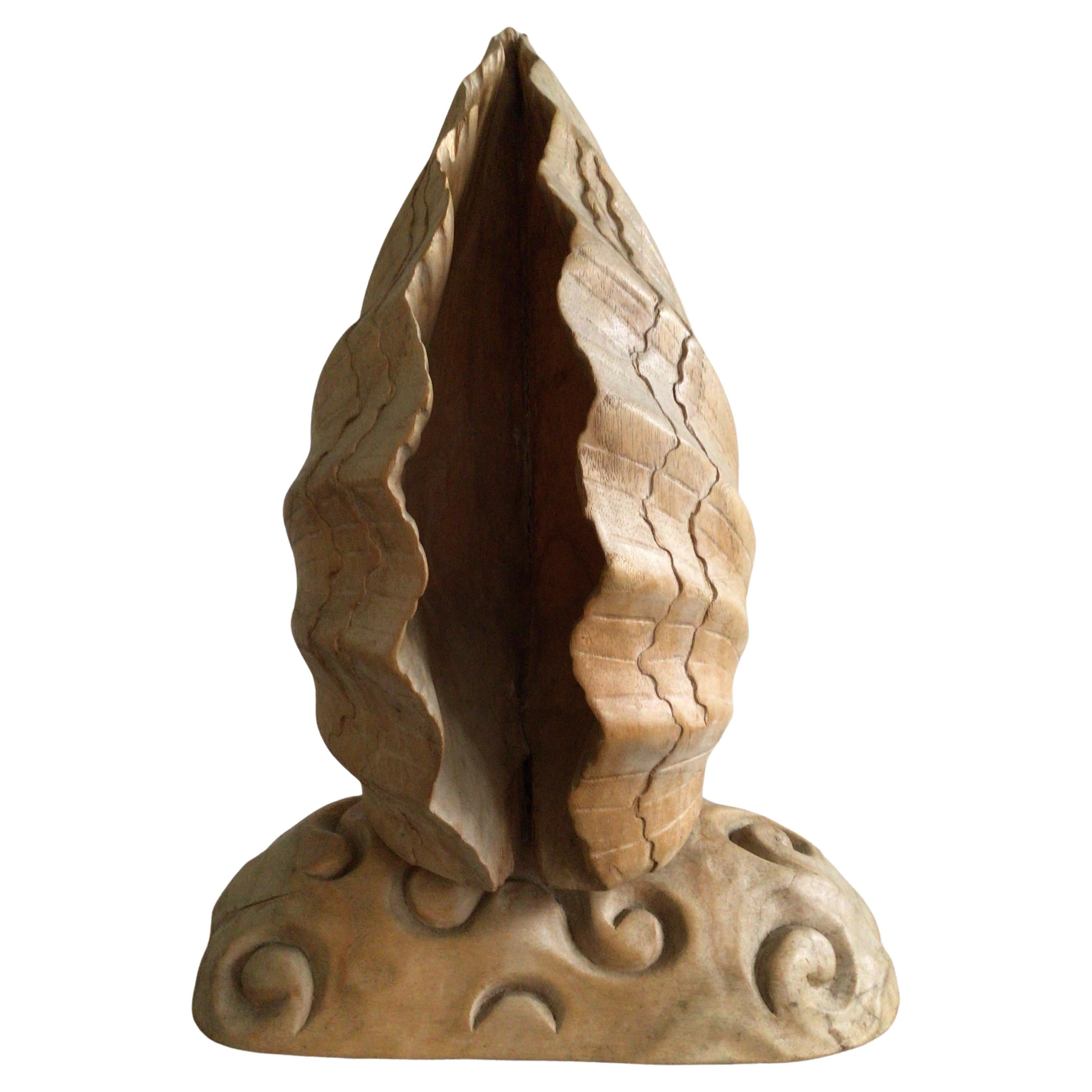 1950s Italian Carved Wood Folded Leaf Sculpture on Wood Base For Sale