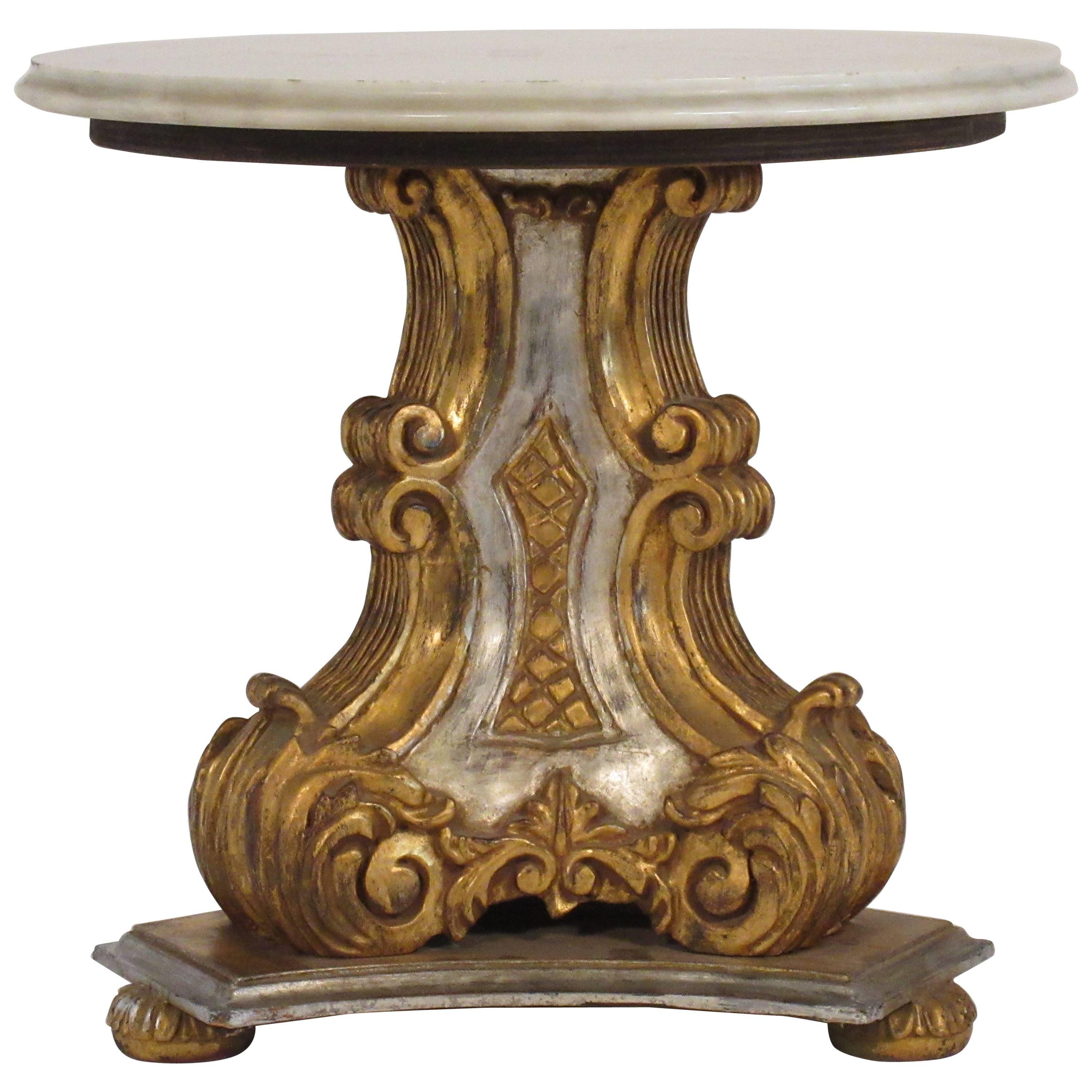 1950s Italian Carved Wood Gold and Silver Painted MarbleTop End Table